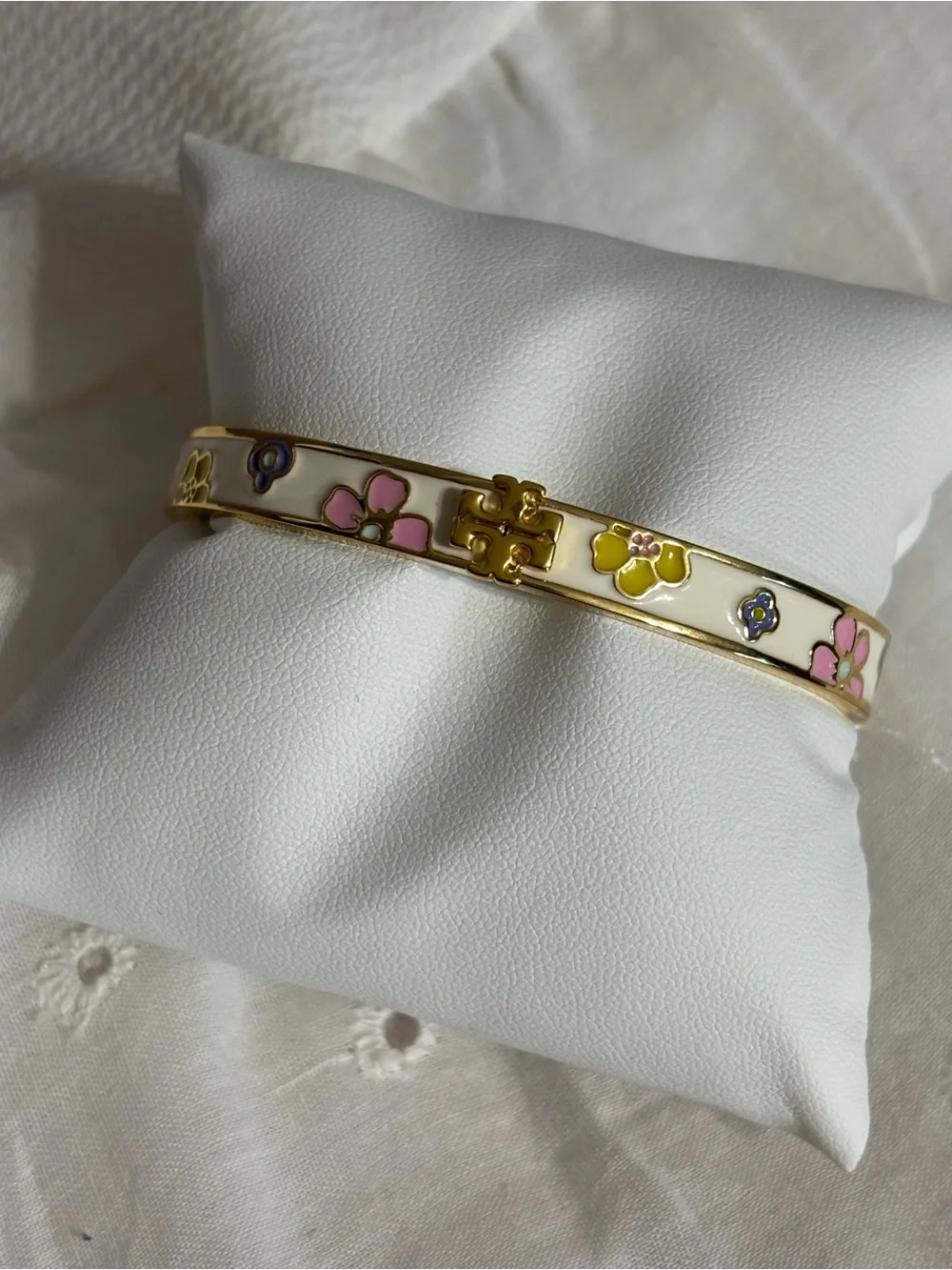 Tory Burch Cream Enamel Floral Logo Hinge Bangle Bracelet